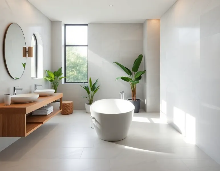 Spa-like modern bathroom with freestanding tub - AI bathroom design transformation