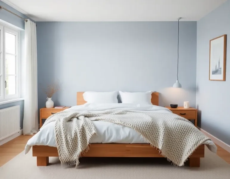Cozy Scandinavian bedroom with soft blue tones - AI room design example
