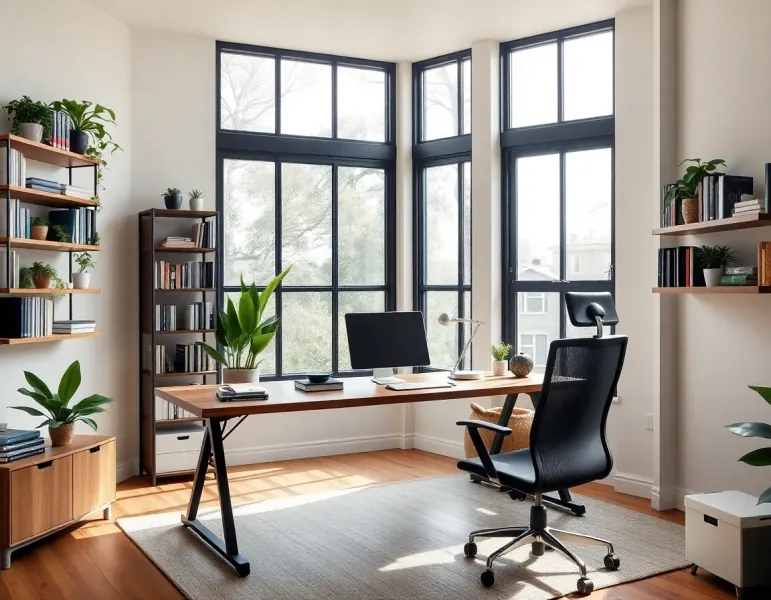 Productive modern home office with natural light - AI office design ideas