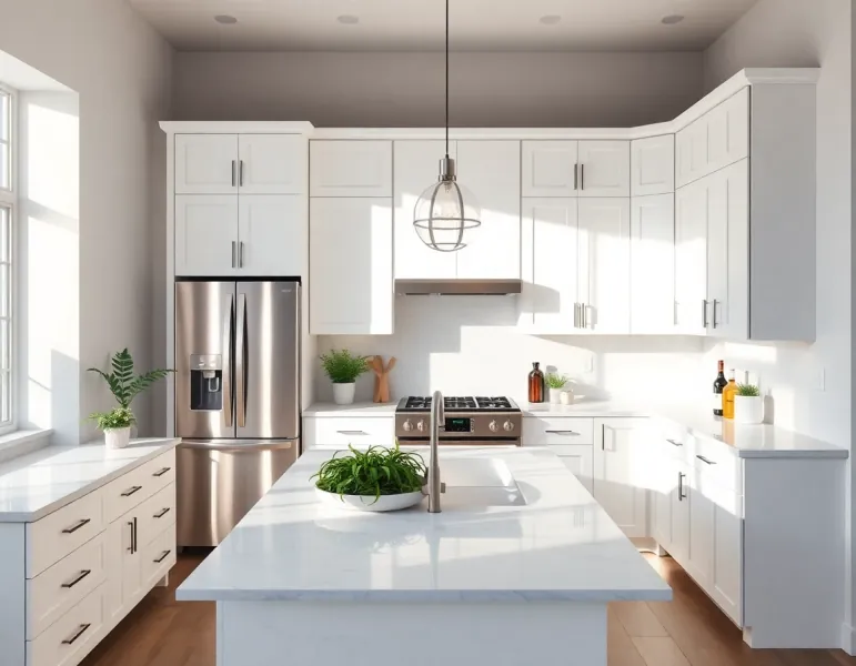 Modern bright kitchen with white cabinets and marble countertops - AI kitchen design