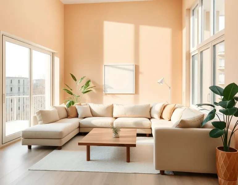 Modern minimalist living room with peachy warm tones and natural light - AI interior design transformation